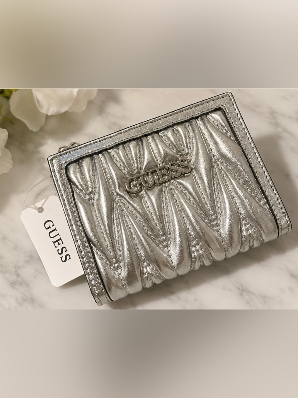 GUESS Silver Metallic Ruched Mini Clutch
